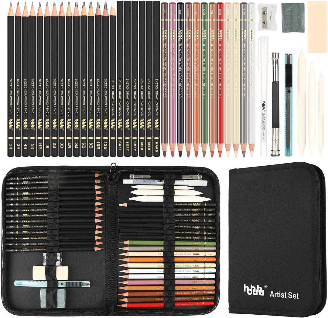 hhhouu Farbige Kohlestiften Set,Professionelle Skizze Stift Werkzeuge mit Papierwischer, Knetbarer K