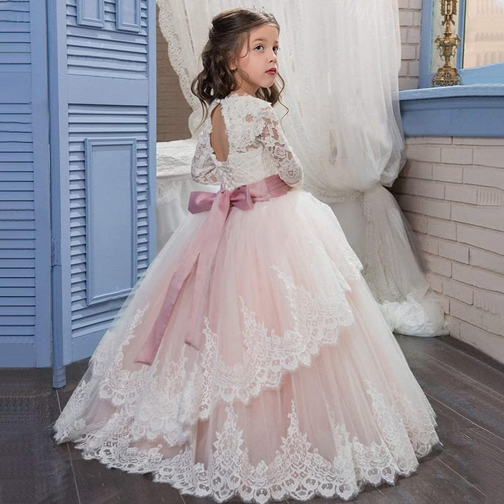 PLWEDDING Spitze Lange Ärmel Blumenmädchen Kleid Prinzessin Tüll Kleid für Kinder Erstkommunion Klei