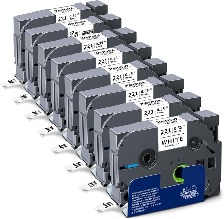 8x XemaX Etikettenband Kompatibel für Brother P-touch Bänder 9mm TZe-221 TZ-221 Schriftbänder Schwar