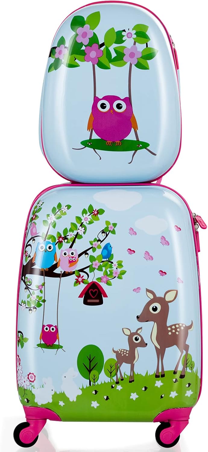 COSTWAY 2tlg Kinderkoffer + Rucksack, Kindertrolley aus Kunststoff, Kindergepäck, Kinder Kofferset H