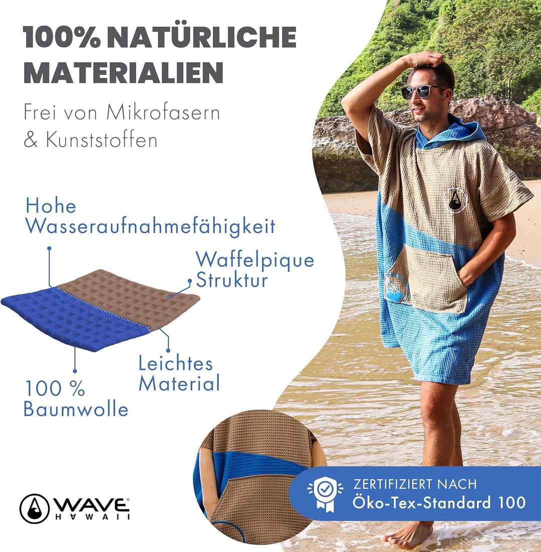 WAVE HAWAII Poncho Lighd Surfponcho 100% Baumwolle für Körpergrössen von 170-200 cm Umkleidehilfe fü