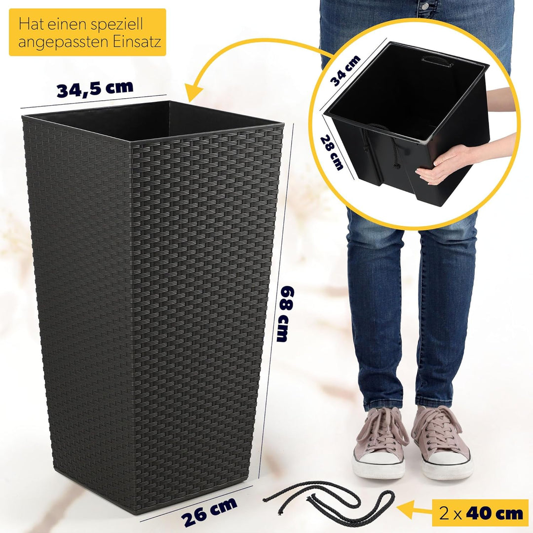 KADAX Pflanzkübel mit Innentopf, Höhe 68cm, Grafit Rattan – Wetterfester Blumentopf für Innen & Auss