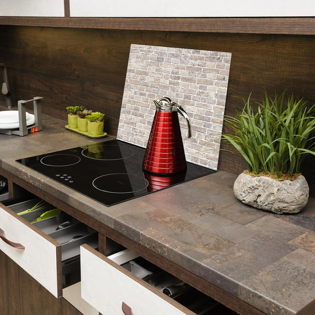 SmartDecoration Herdabdeckplatte Ceranfeldabdeckung aus Glas 60x52 cm Einteilig Motiv "Ziegel" Beige
