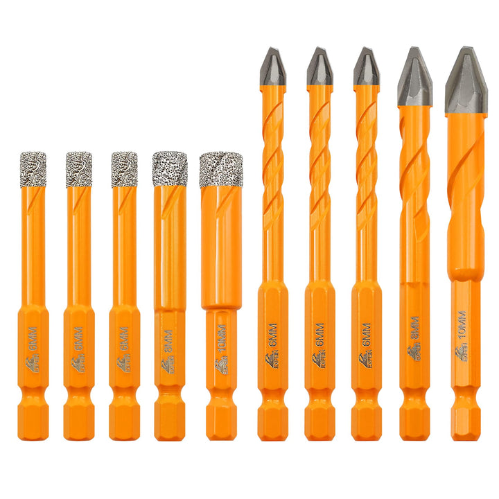 Diamant-Fliesenbohrer & Hartmetall-Mauerbohrer 10er-Set - Präzisionsbohrer je 2x(6/6/6/8/10mm) für F
