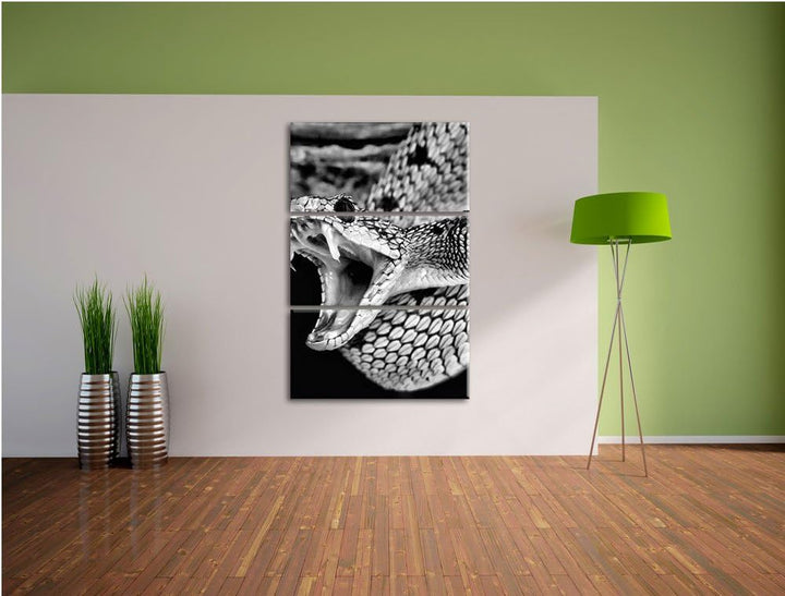 Pixxprint Giftige grüne Schlange / 3-Teilig/Gesamtmass 120cm Leinwandbild bespannt auf Holzrahmen/Wa