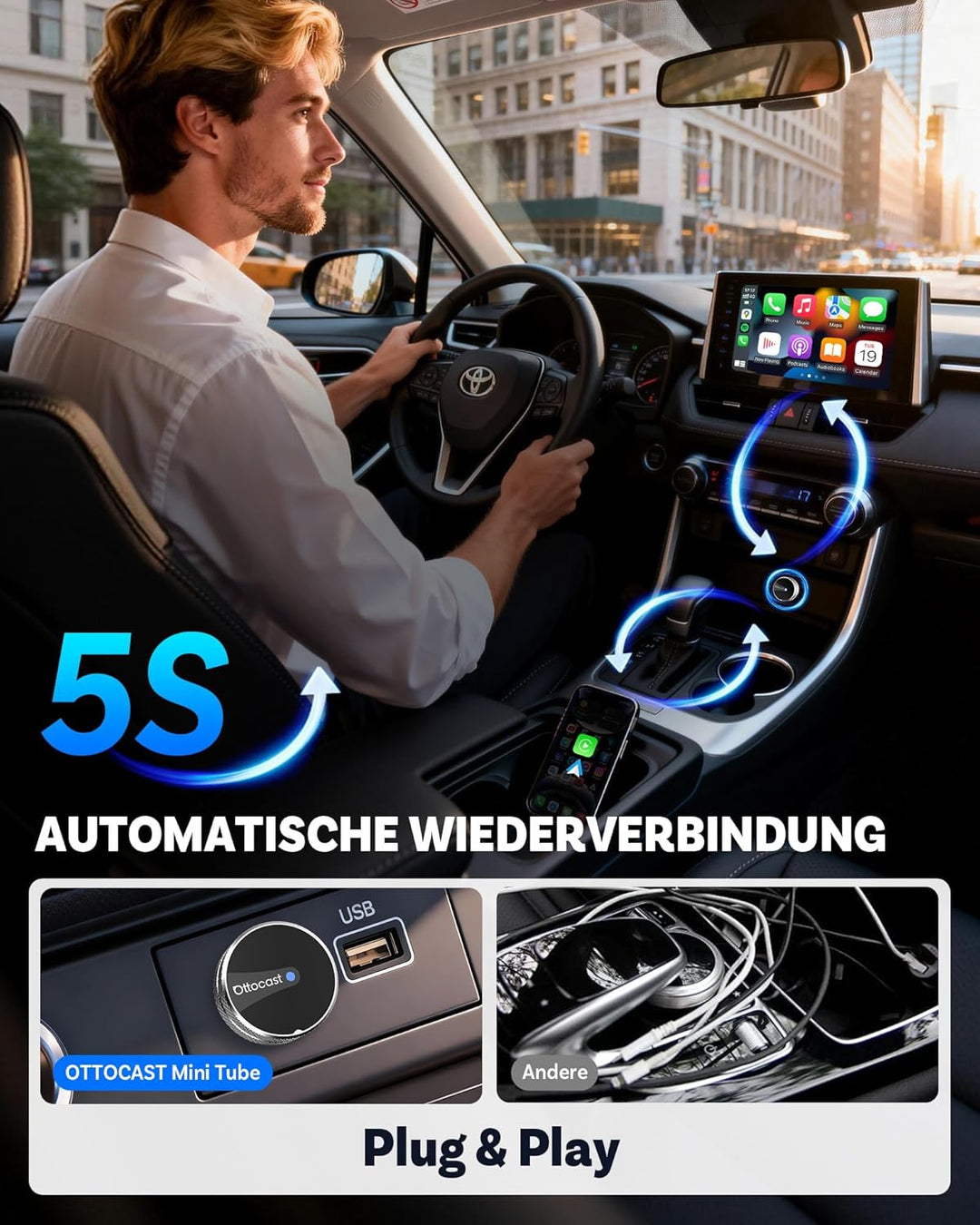 OTTOCAST Mini Tube 2026, Wireless CarPlay & Android Auto Adapter für iOS 10+/Android 11+, Plug & Pla