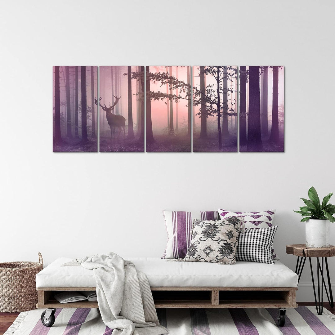 Runa Art Wandbild XXL Wald Hirsch Schlafzimmer Wohnzimmer 200 x 80 cm Rosa 5 Teilig - Made in German