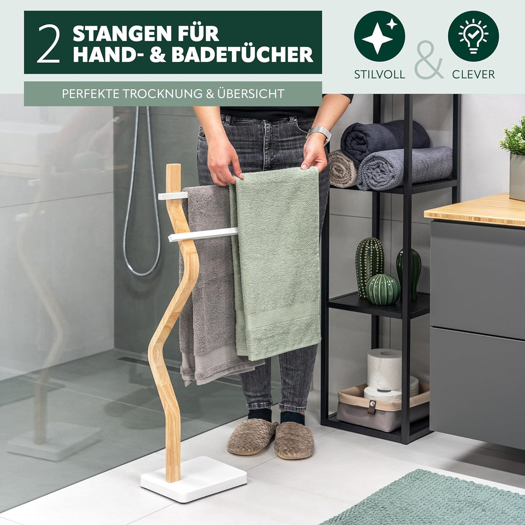 eluno Stand-Handtuchhalter freistehend, 2 Stangen für Handtücher, moderner Handtuchständer aus FSC-z
