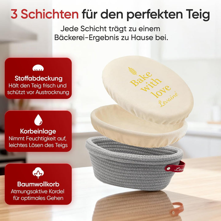 Banneton Gärkörbchen-Set, ovale und runde Gärkörbe aus Baumwollseil mit Einlagen und Abdeckungen, Sa