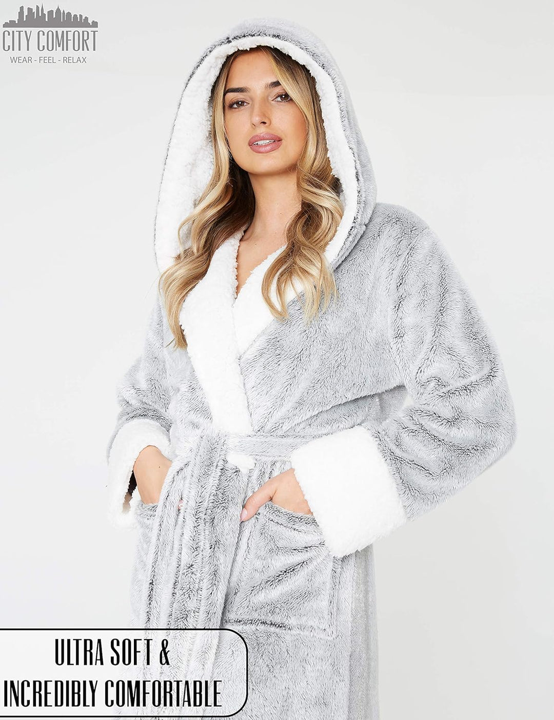 CityComfort Bademantel Damen Flauschig, Fleece Morgenmantel Damen Dressing Gown Women S Grau, S Grau