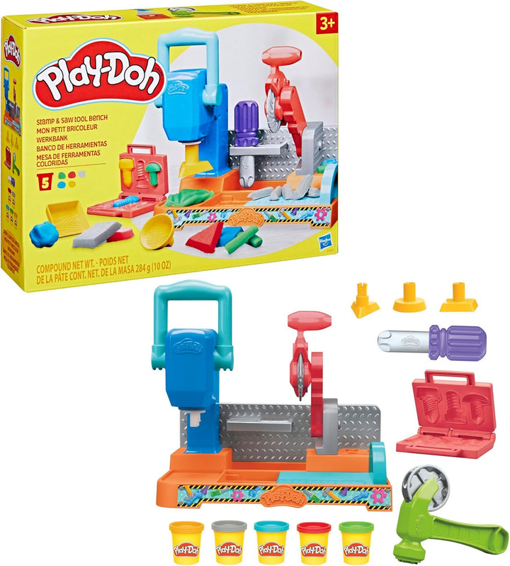 Play-Doh Werkbank Spielset, 5 x 56 g Dosen Modelliermasse in bunten Farben, mit Kreissäge-Spielzeug,
