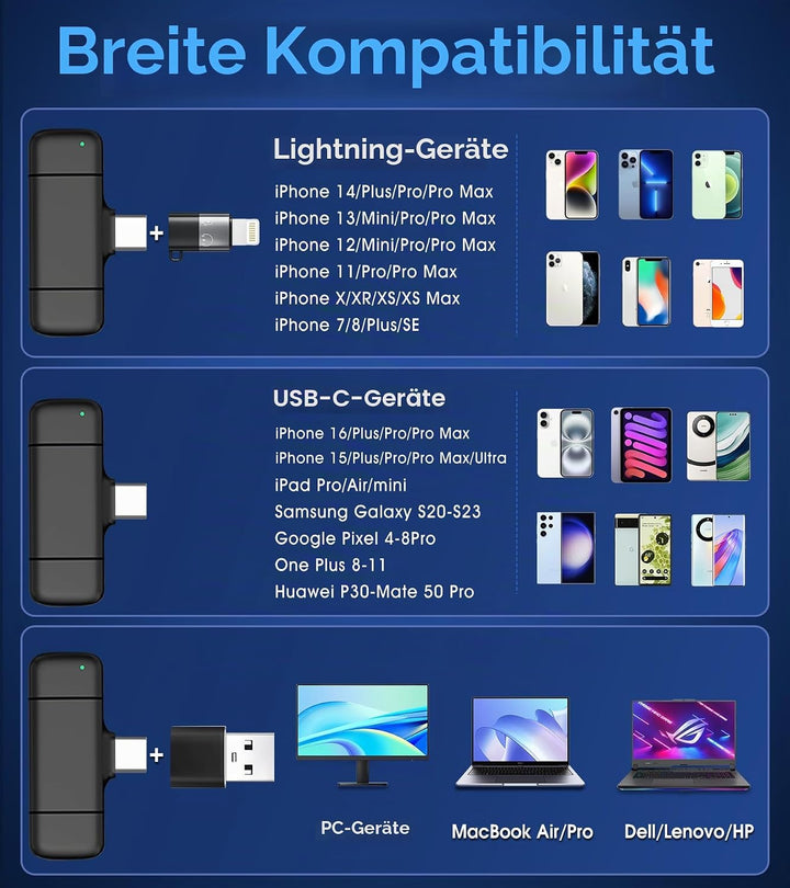 Kabelloses Mikrofon mit Ladehülle für iPhone, iPad, Android, USB-C Lavalier Mikrofon Rauschunterdrüc