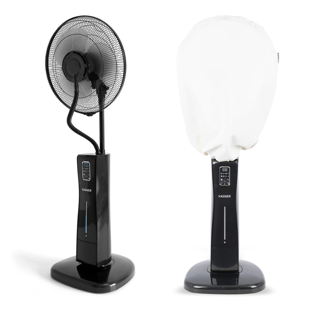 VASNER Cooly Ventilator schwarz mit AirCape Schutzhülle weiss – Standventilator Wasser Sprühnebel, 3