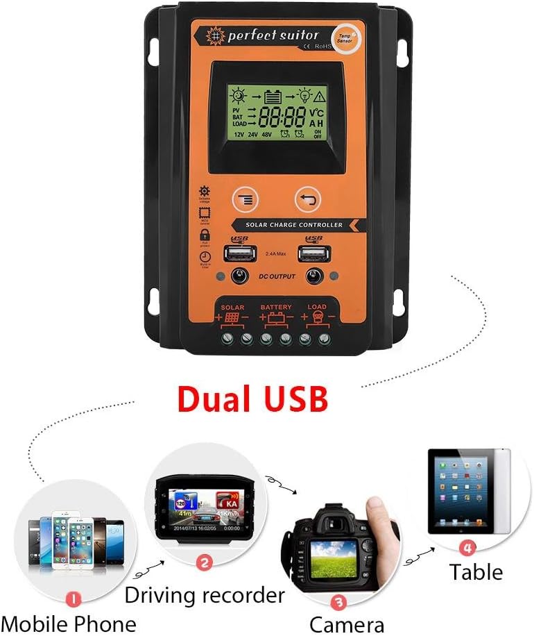 Keenso 12V/24V 30A/50A/70A MPPT Solarladeregler Solarpanel Batterieregler Dual USB LCD Display 19*17