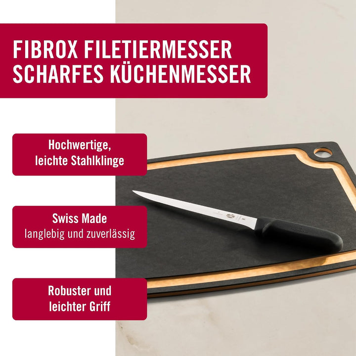 Victorinox Fibrox Filetiermesser, Scharfes Küchenmesser für Fleisch und Fisch, 20 cm, Gerade Klinge,