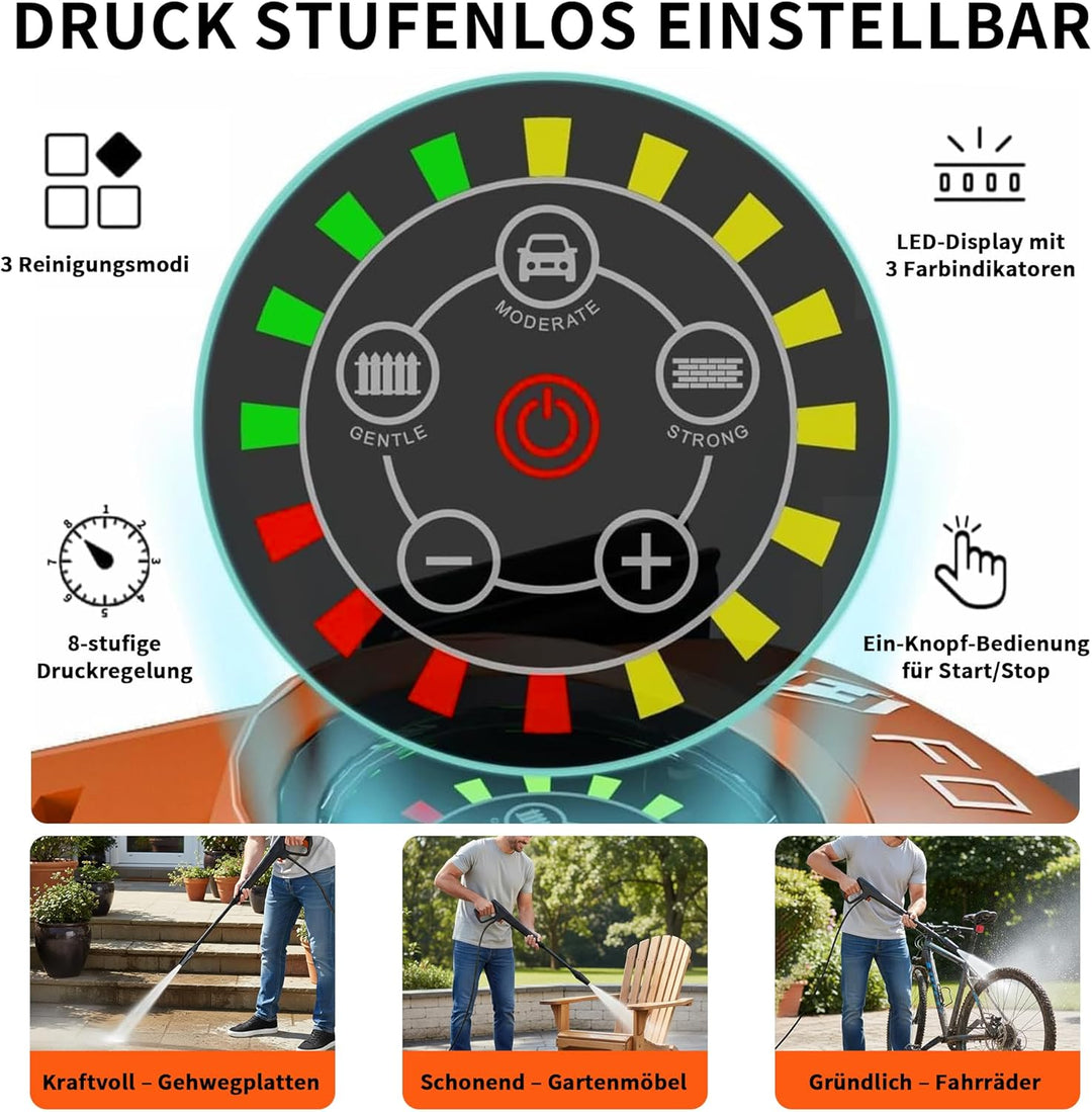 Hochdruckreiniger Touchscreen 8-stufiger 200 bar, 6-in-1-Düse, Einstellbarer Druck: 100-200 bar, För