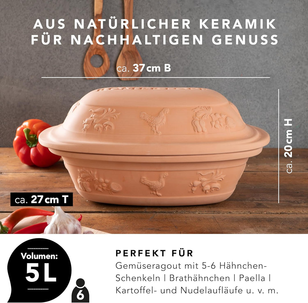 Römertopf Bräter Rustico Keramik Dampfgarer aus Naturton geeignet für bis zu 6 Personen mit 5 Liter