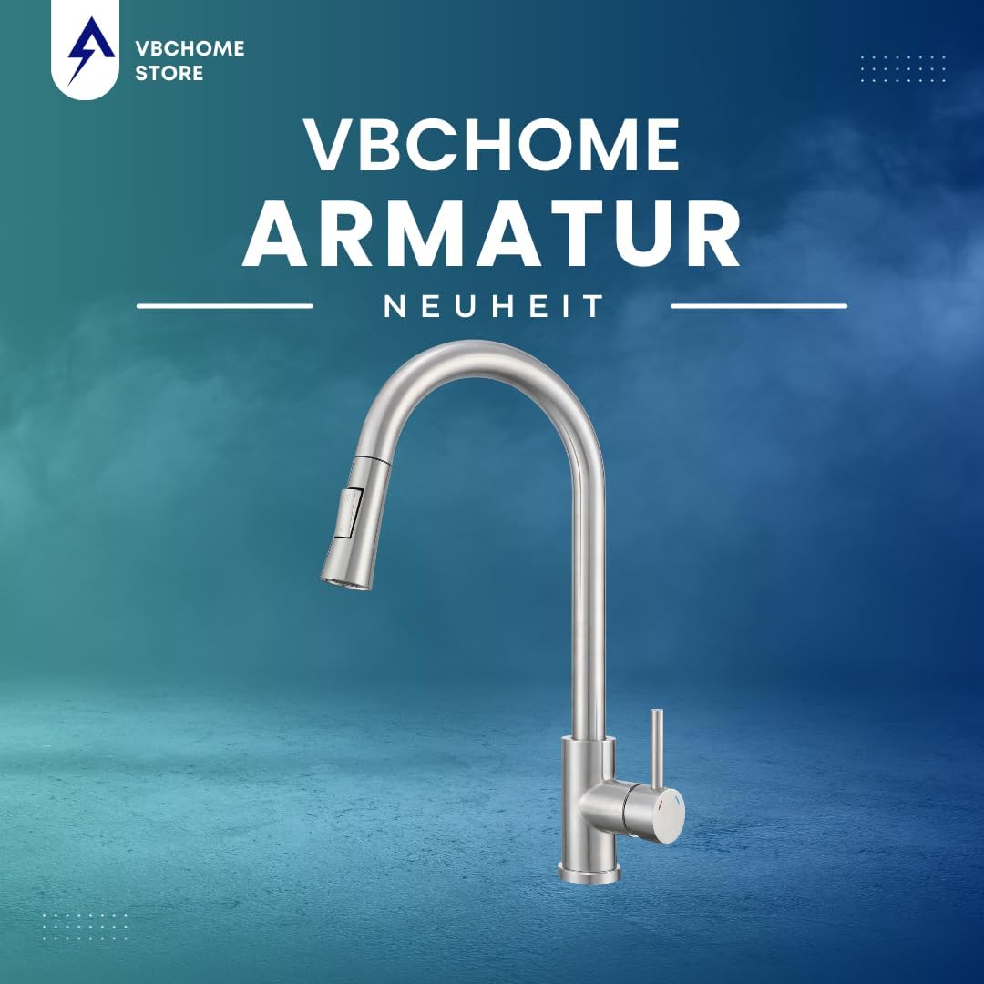VBChome Küchenarmatur Gebürsteter Edelstahl mit ausziehbarem Auslauf, 360° drehbar, mit Knopf für St