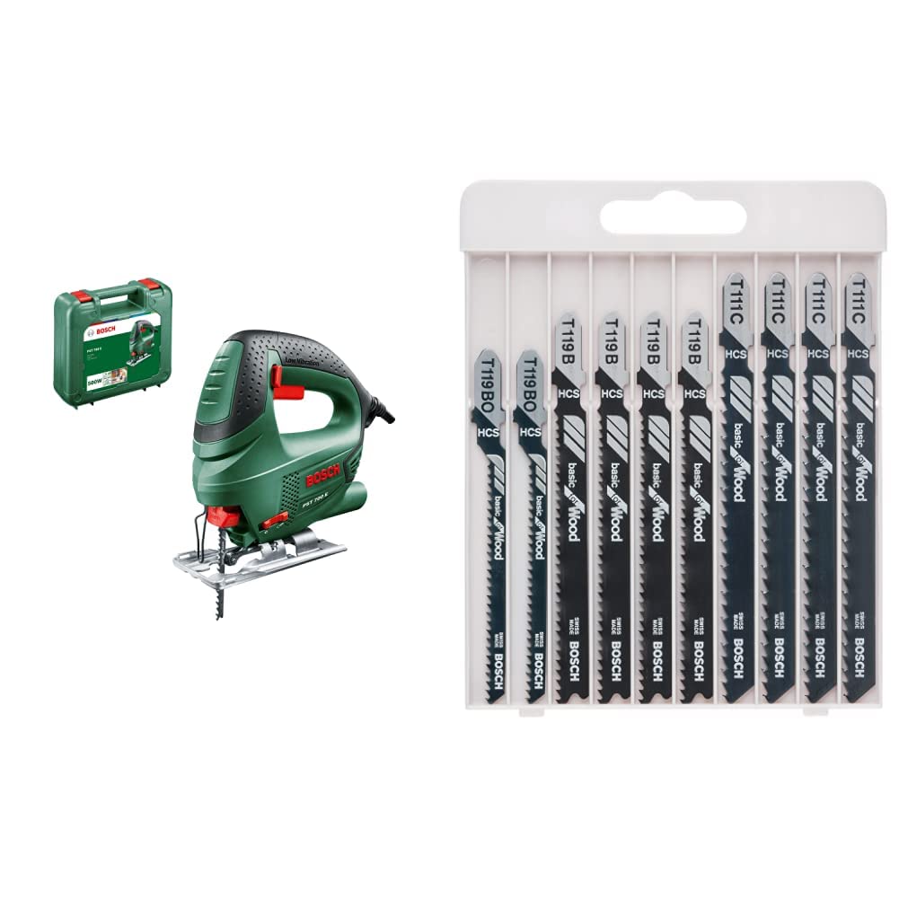 Bosch Stichsäge PST 700 E (1x Sägeblatt, Koffer, 500 Watt) + 10tlg. Stichsägeblatt Set Basic for Woo