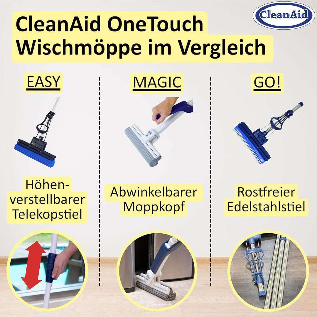 OneTouch GO! Wischmopp aus Edelstahl – Segment-Stiel, PVA Schwammmopp, One-Touch Auswringfunktion, s