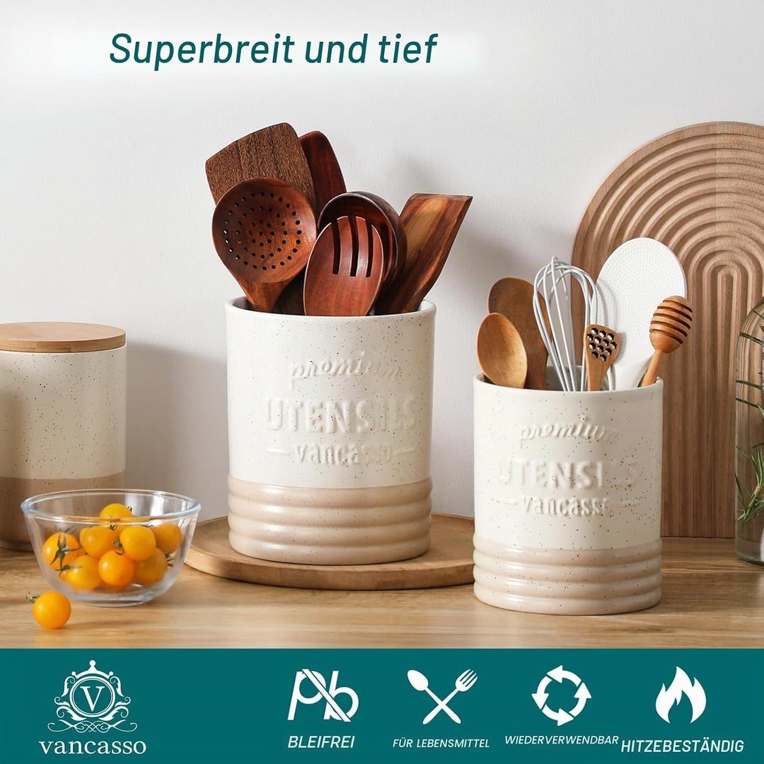 vancasso Sabine Utensilienhalter für Küchentheke, 15,7 cm, kleiner Keramik-Utensilienbehälter, creme
