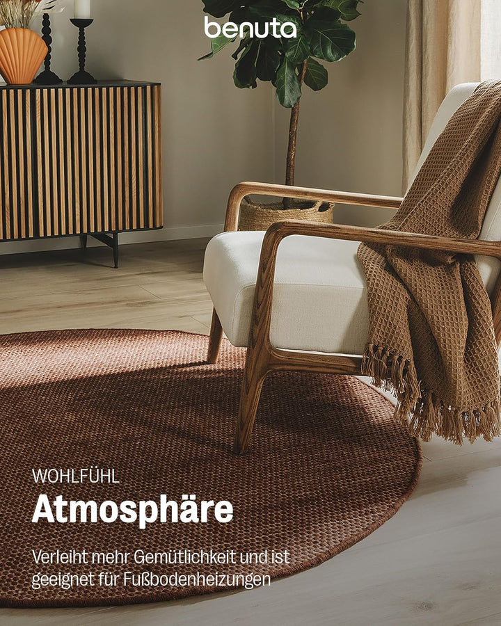 benuta Pure Wollteppich Rocco - Braun 150 cm Rund - Handgewebt - Im Style: Wolle, Uni, Boho, Hygge &