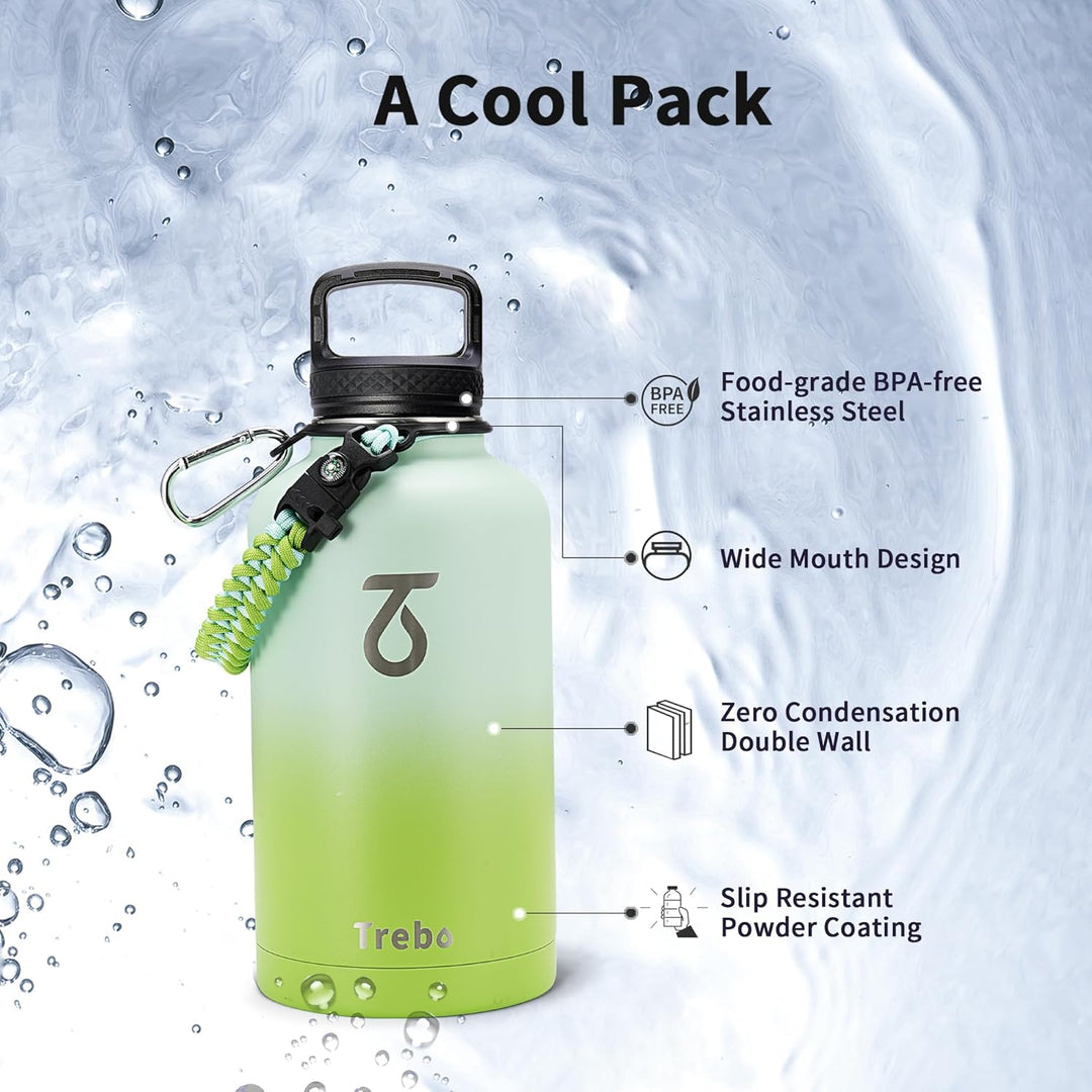 Trebo Isolierte Wasserflasche mit Paracord-Griff und Strohhalm, 1,8 l Fassungsvermögen, Edelstahl, g
