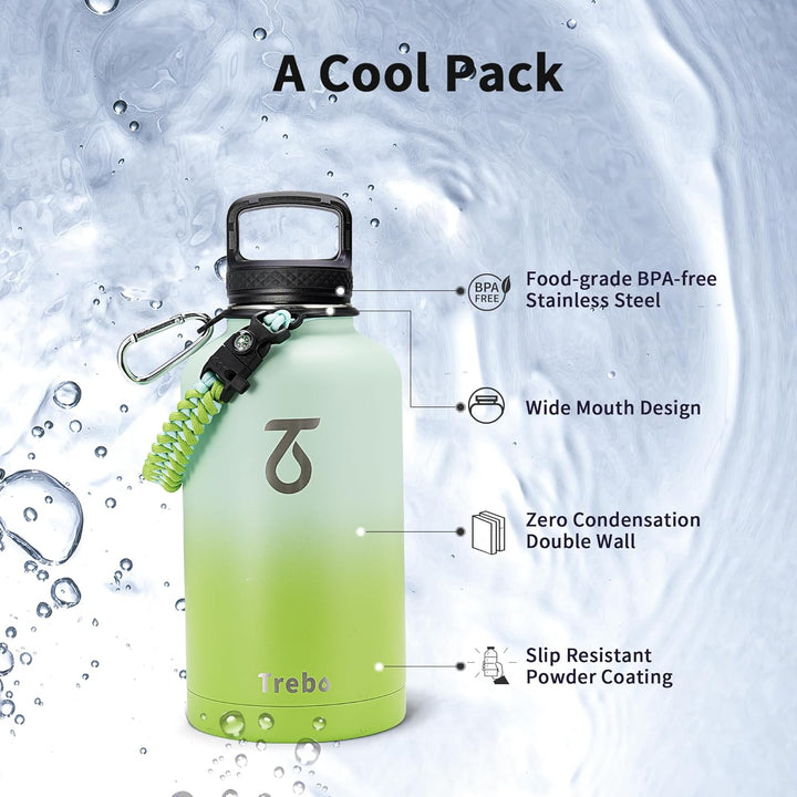 Trebo Isolierte Wasserflasche mit Paracord-Griff und Strohhalm, 1,8 l Fassungsvermögen, Edelstahl, g