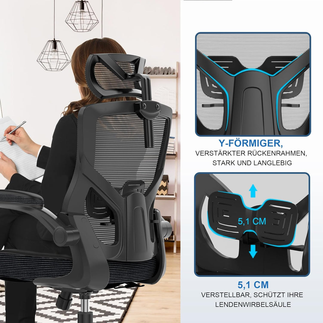 CYKOV Bürostuhl Ergonomisch, PC Stuhl mit Verstellbarer Kopfstütze & Klappbaren Armlehnen, Schreibti