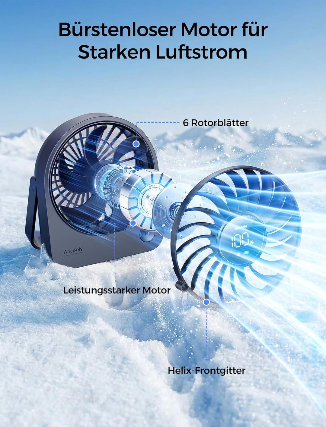 Aecooly Mini Ventilator Tischmodell, Usb-Geladen 4 Windstufen Leise Akku-Ventilator, 10 Stunden Akku