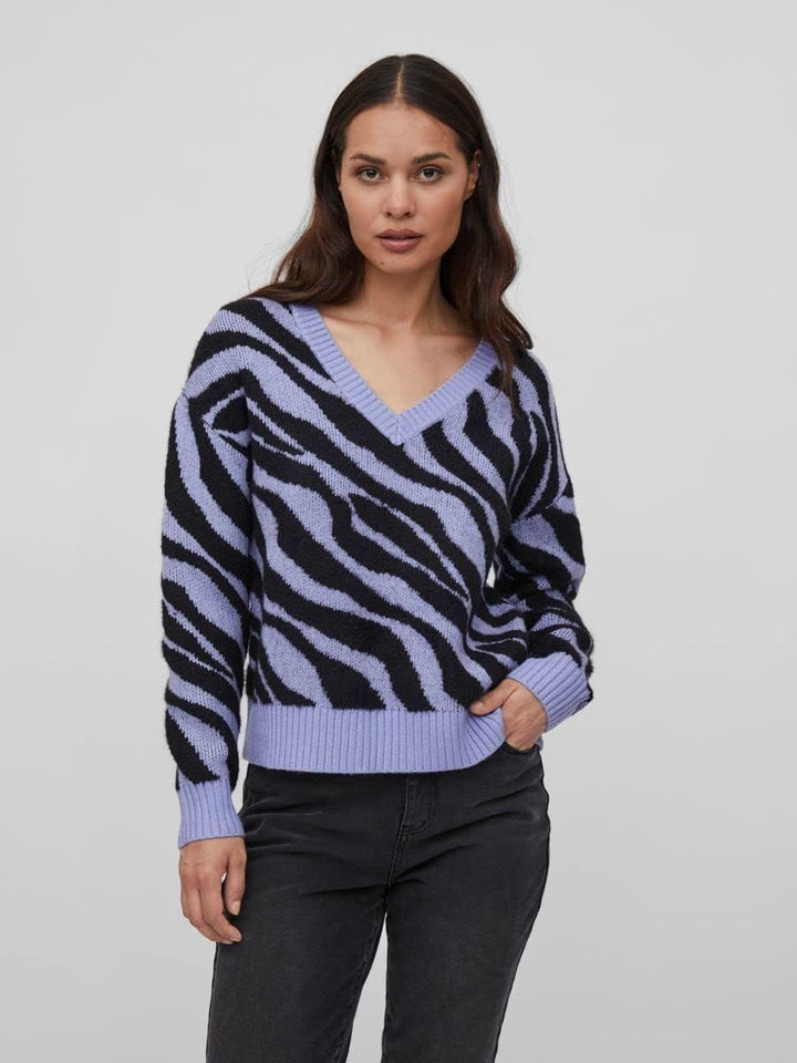 Vila Damen Viril Feami Mix V-Neck L/S Knit Top-noos Pullover XS Pale Iris/Pattern:with Black, XS Pal