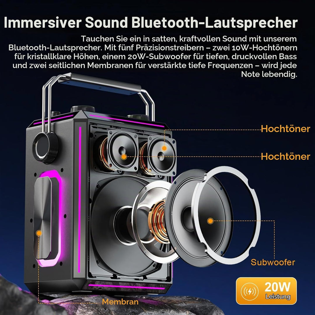 Tragbarer Bluetooth-Karaoke-Lautsprecher mit 2 kabellosen Mikrofonen, RGB-Beleuchtung, Höhen- und Ba