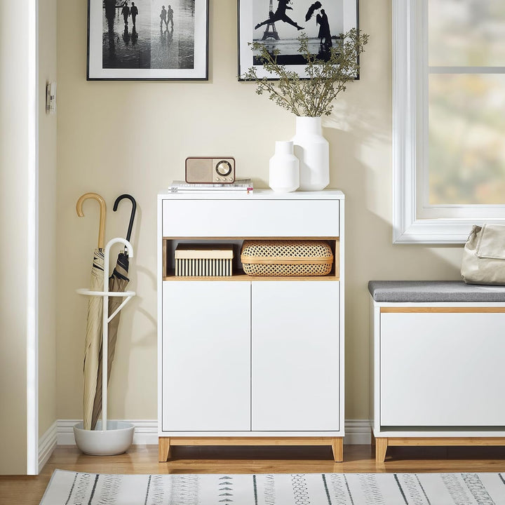 SoBuy Sideboard Kommode Küchenschrank – Modernes Bambusdesign mit Schublade & höhenverstellbarem Reg