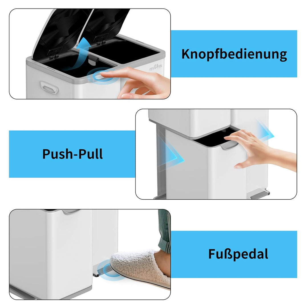 mVm Mülleimer Küche,60 Liter Treteimer,3 Fächer, Mülltrennsystem, Abfalleimer Küche mit Inneneimer a