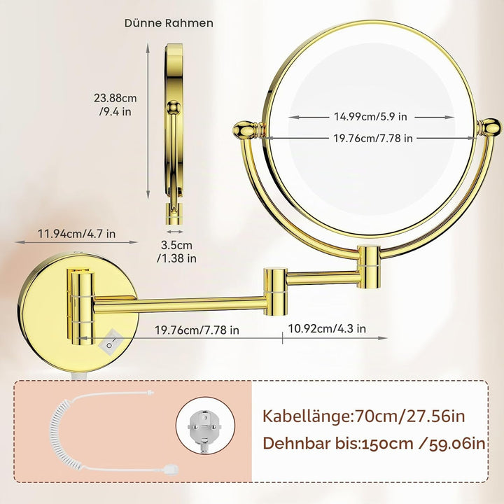Nicesail Wand Kosmetikspiegel mit Beleuchtung 10x - 360° Ausziehbare Drehung - Dünner Rahmen - mit S