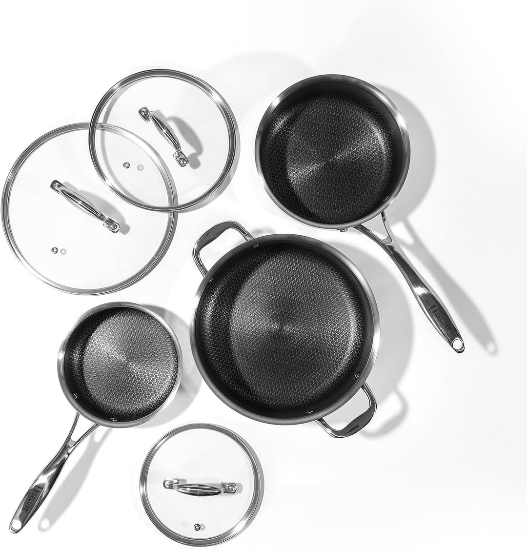 DELUXE Hybrid-Antihaft-Topf-Set, 6-teilig,Töpfe mit Deckel aus gehärtetem Glas, kühlbleibende Griffe