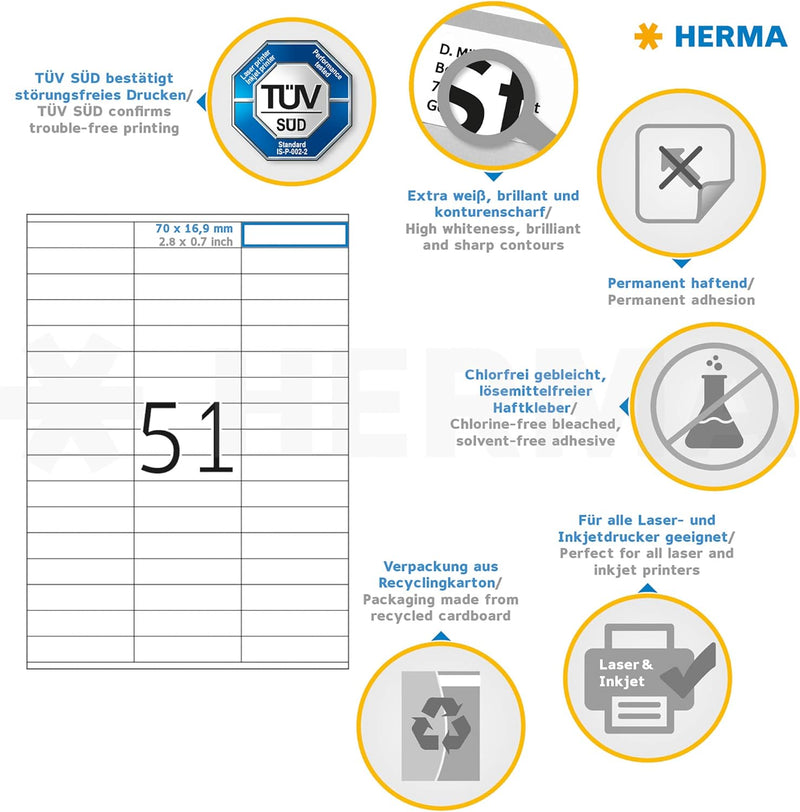 HERMA 4611 Universal Etiketten, 200 Blatt, 70 x 16,9 mm, 51 Stück pro A4 Bogen, 10200 Aufkleber, sel