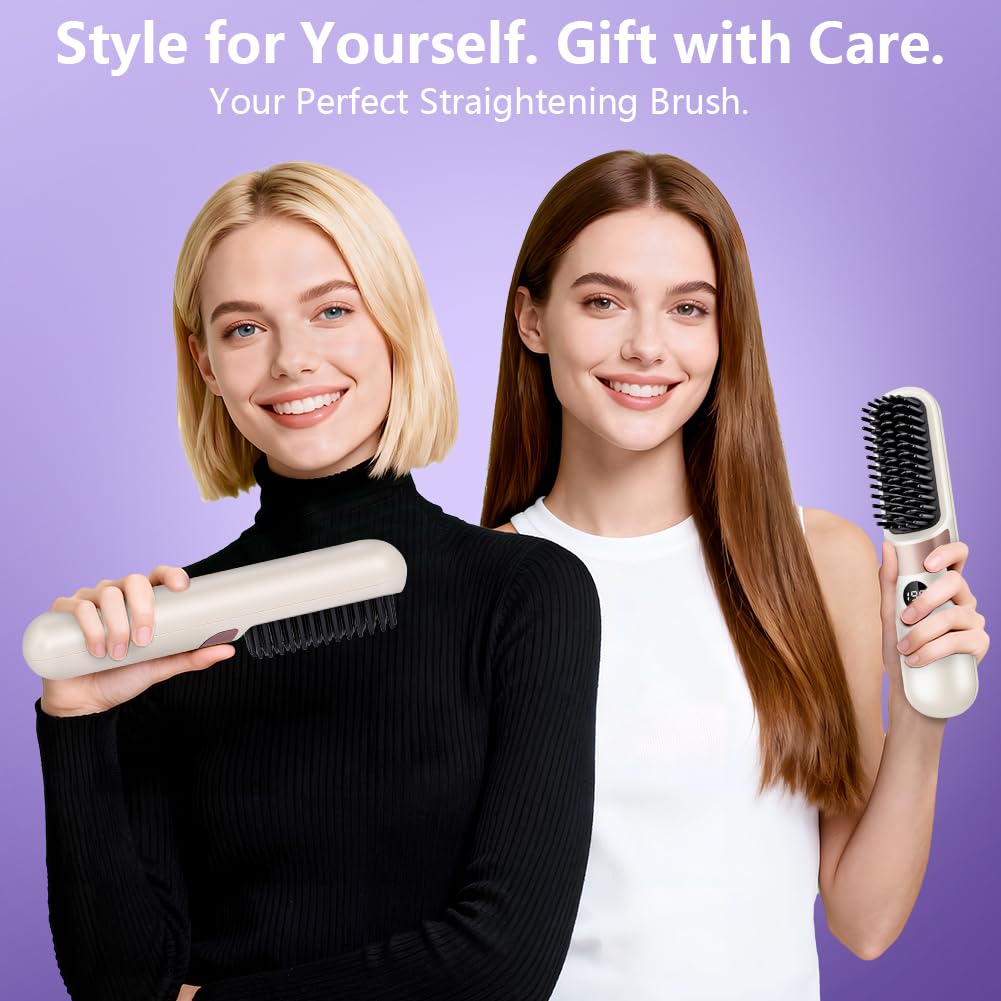 LOPHE Glättbürste, 2 in 1 Haarglätter Bürste mit LED Display, Hair Straightener Kabellos und Verbrüh