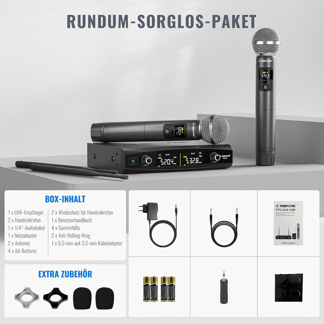 Phenyx Pro Mikrofon Drahtloses Mikrofonsystem, kabelloses Handmikrofon-Set für Gesang, Karaoke, Kirc