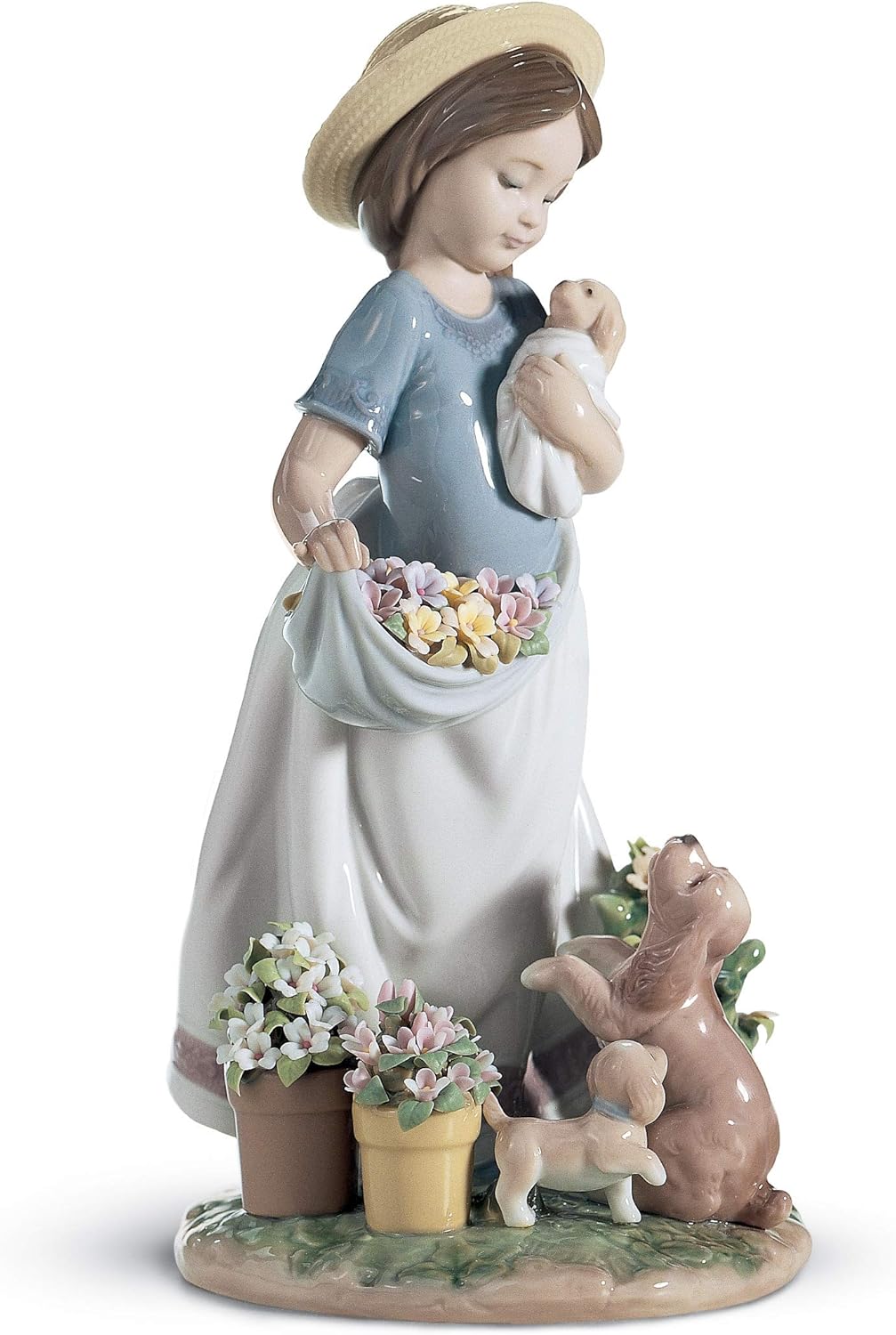LLADRÓ Mädchen-Figur Zärtliches Spiel Im Garten. Mädchen Mit Blumen. Porzellan.