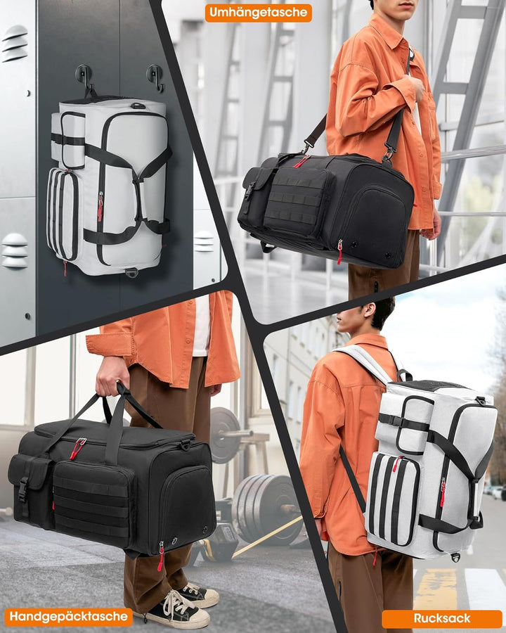 RAINSMORE 3 IN 1 Sporttasche Herren 45L Reisetasche Rucksackfunktion Handgepäck mit Schuhfach Latopf