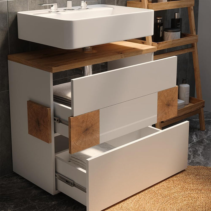 Vicco Waschbeckenunterschrank Eden, Weiss, 70 x 64.5 cm mit 2 Schubladen Weiss Waschbeckenunterschra