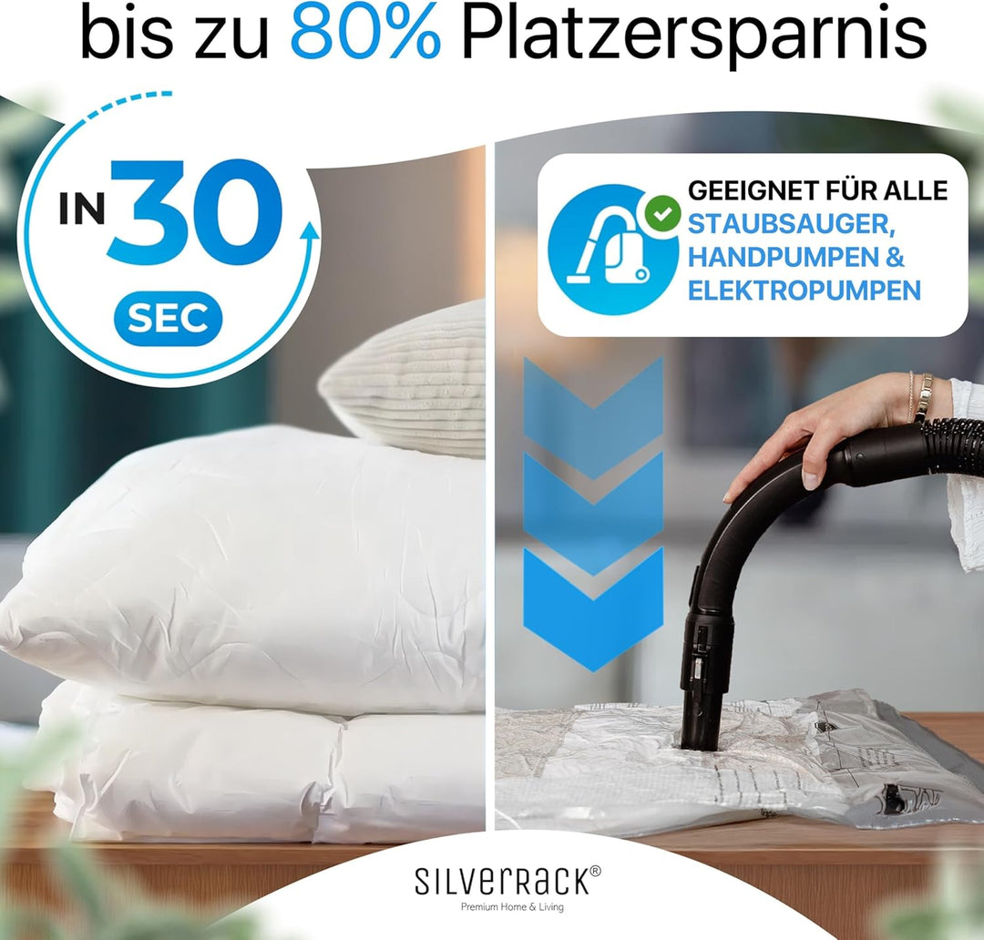 SilverRack XL Jumbo Vakuumbeutel für Kleidung u. Bettdecken [8 Stück] - INKL. HANDPUMPE u. ETIKETTEN