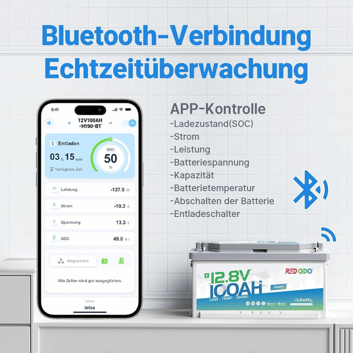 Redodo 12V 100Ah Bluetooth LiFePO4 Batterie, 188mm Höhe Tiefzyklus Lithium Batterie mit Smart BMS 12