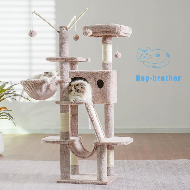 Hey-Brother Kratzbaum, 135 cm Indoor Katzenbaum, Mit gepolsterter Plattform Bett, Spielzeug Ball, Hö