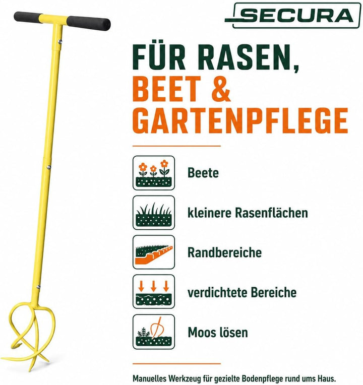 SECURA Gartenkralle und Vertikutierer Handvertikutierer 4 Zinken, höhenverstellbarer Kultivator Erdk