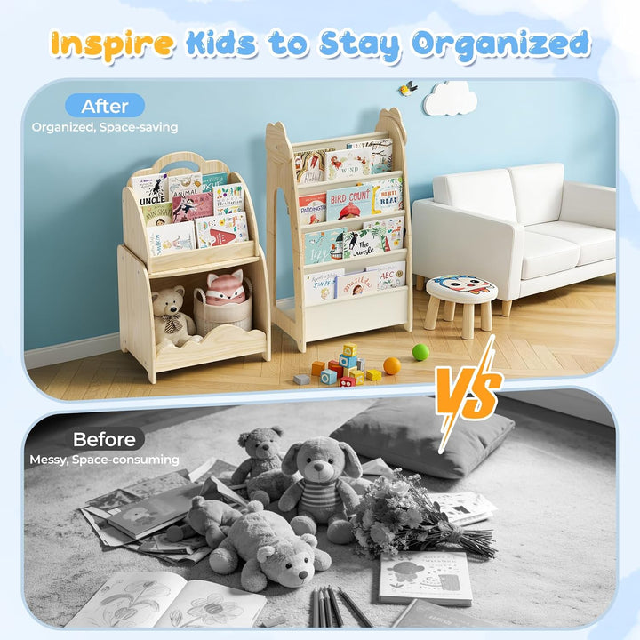 3-in-1 Kinderregal, Holz Kinder Bücherregal mit Spielzeugregal & Hängetasche & Offenem Fach, Tragbar