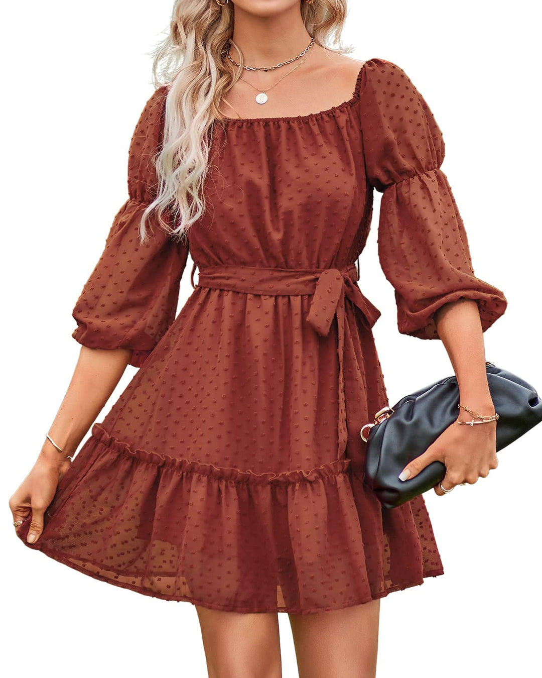 BebreezChic Kleid Damen Elegant Langarm Off Shoulder Einfarbig Swiss Dot Luftig Sommerkleid Miniklei