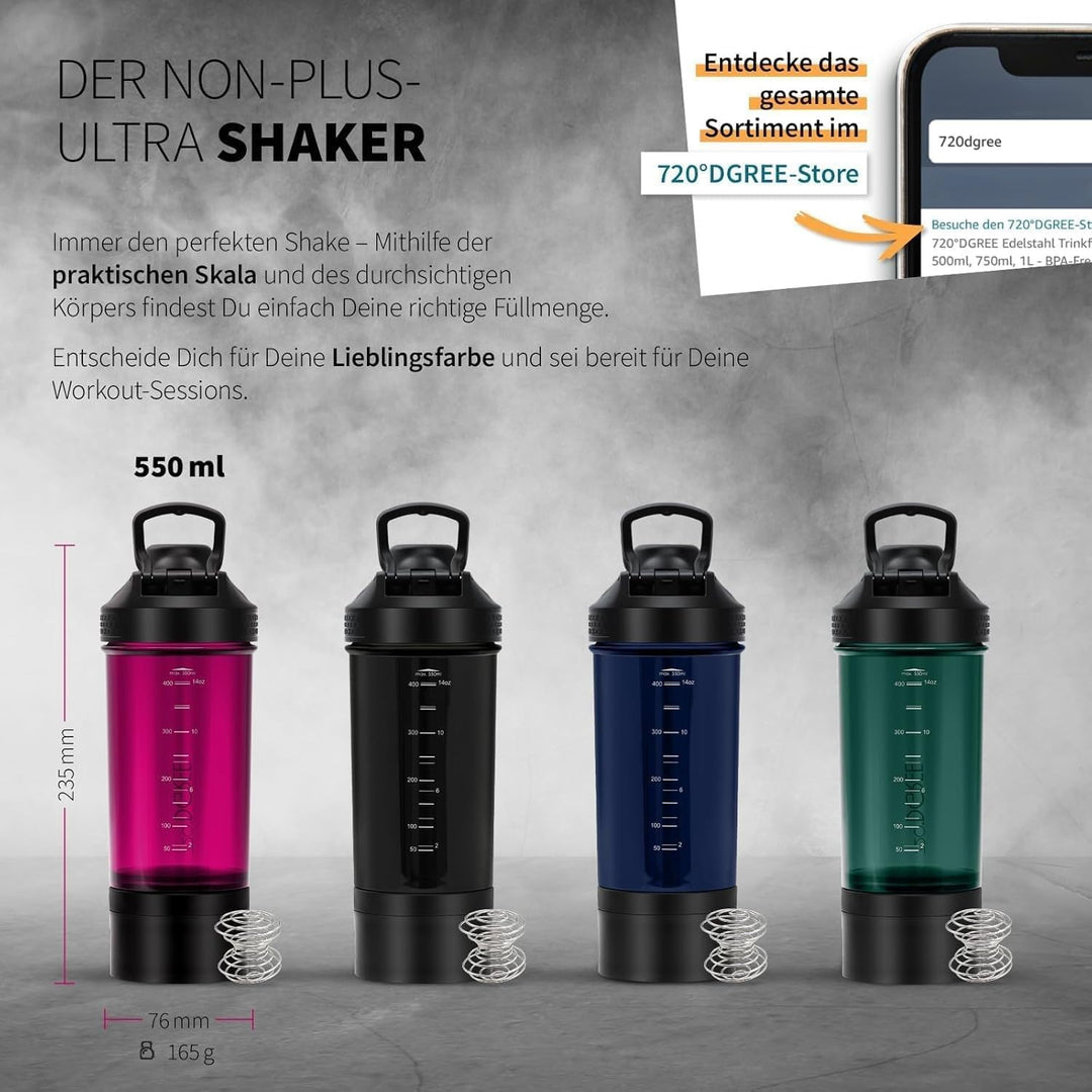 720°DGREE Protein Shaker mit Pulverfach 550ml “uberShaker“ – Auslaufsicher, BPA-Frei, Skala, Spiralm