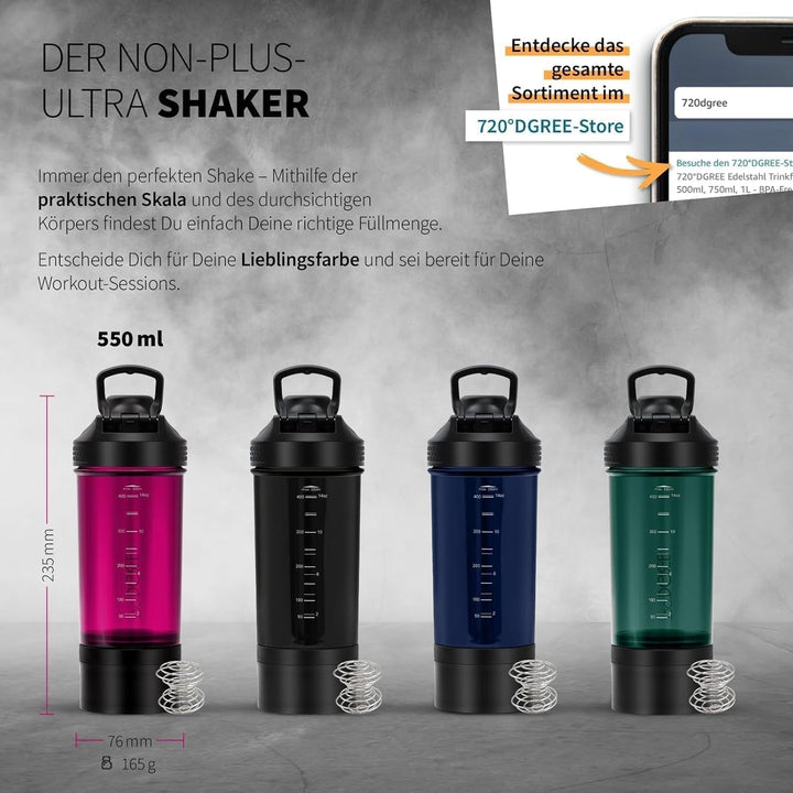 720°DGREE Protein Shaker mit Pulverfach 550ml “uberShaker“ – Auslaufsicher, BPA-Frei, Skala, Spiralm